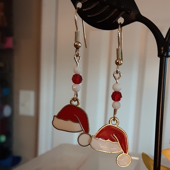 Hand Crafted Santa Hat Red White Christmas Pierced Earrings - Picture 2 of 3